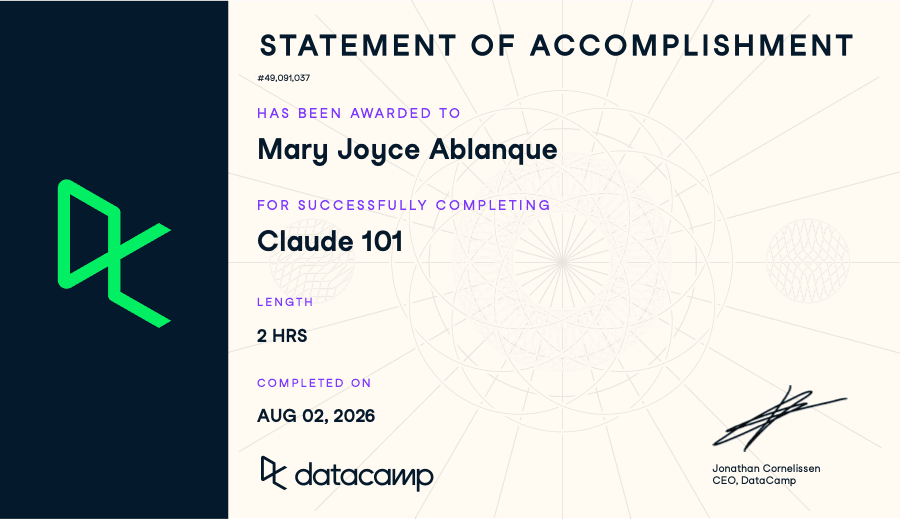 Claude 101 certificate issued by DataCamp, 2026
