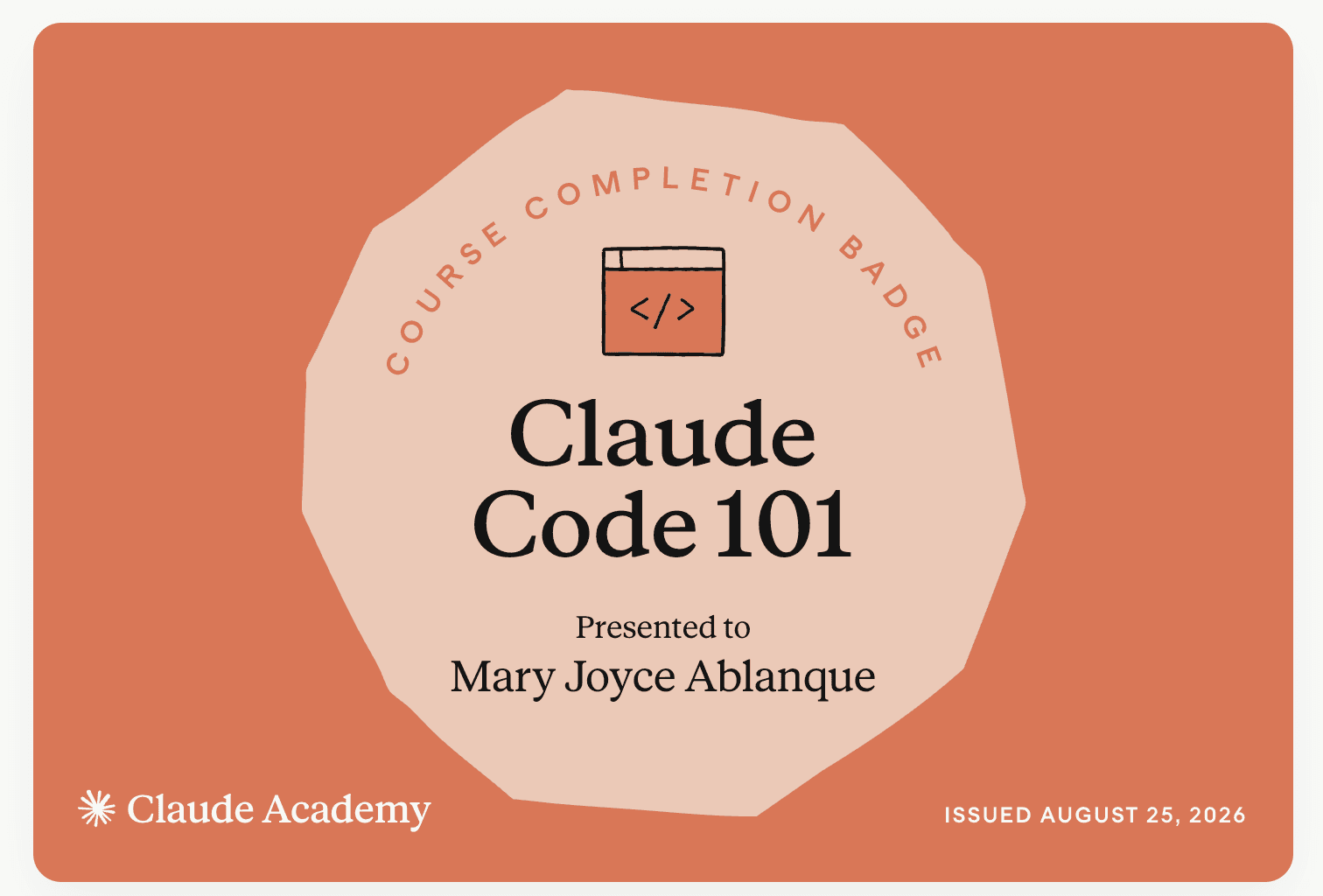 Claude Code 101 certificate issued by Claude Academy, 2026