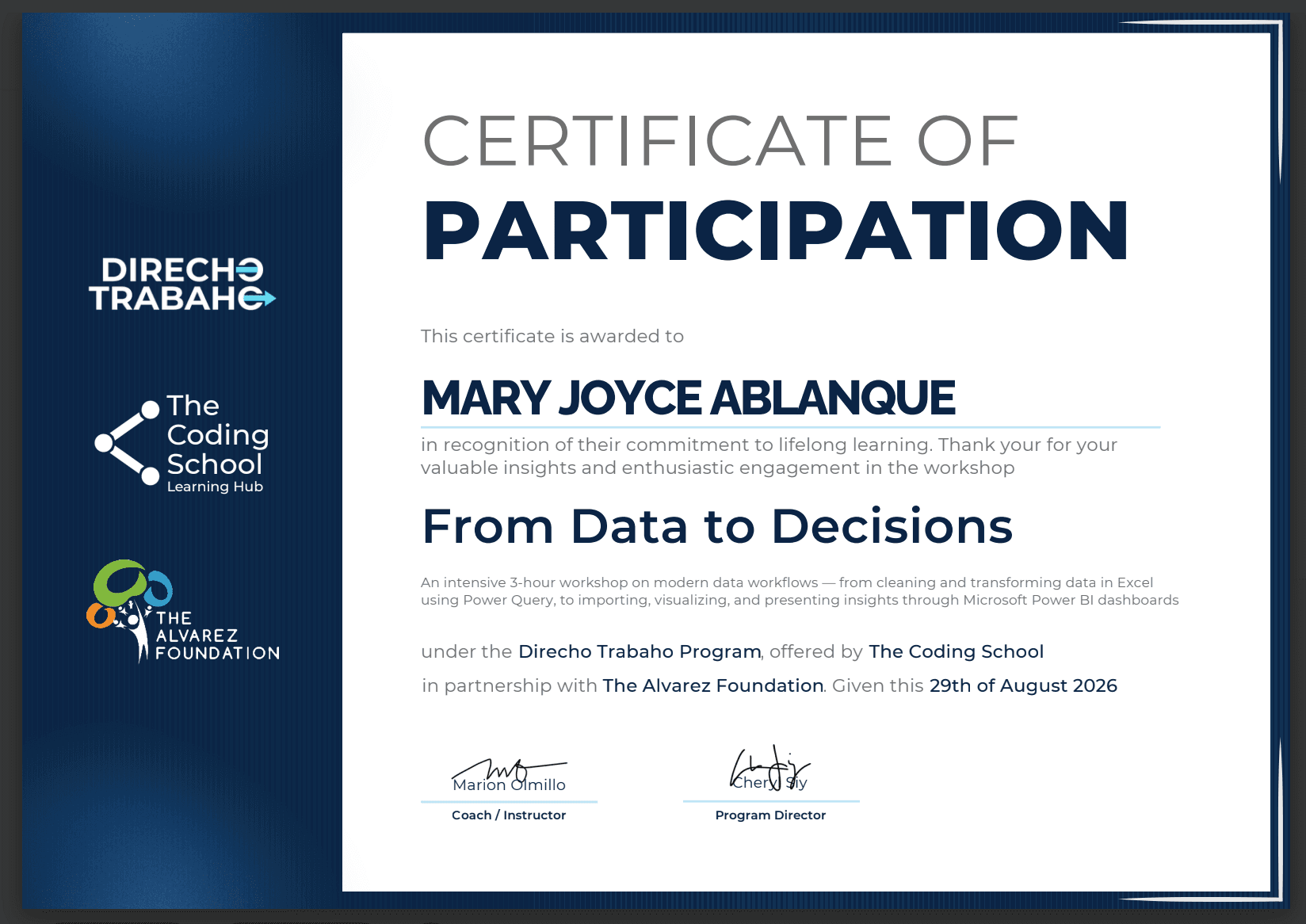 From Data to Decisions certificate issued by The Coding School, 2026