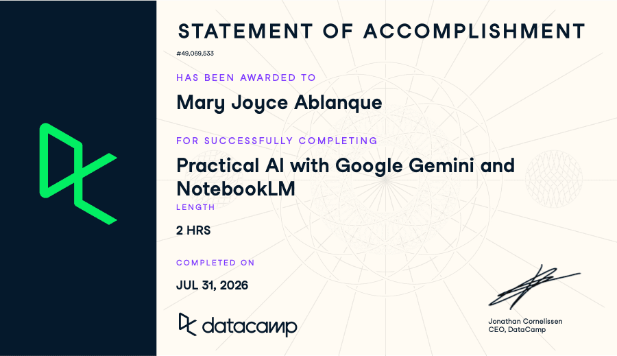 Practical AI with Google Gemini and NotebookLM certificate issued by DataCamp, 2026