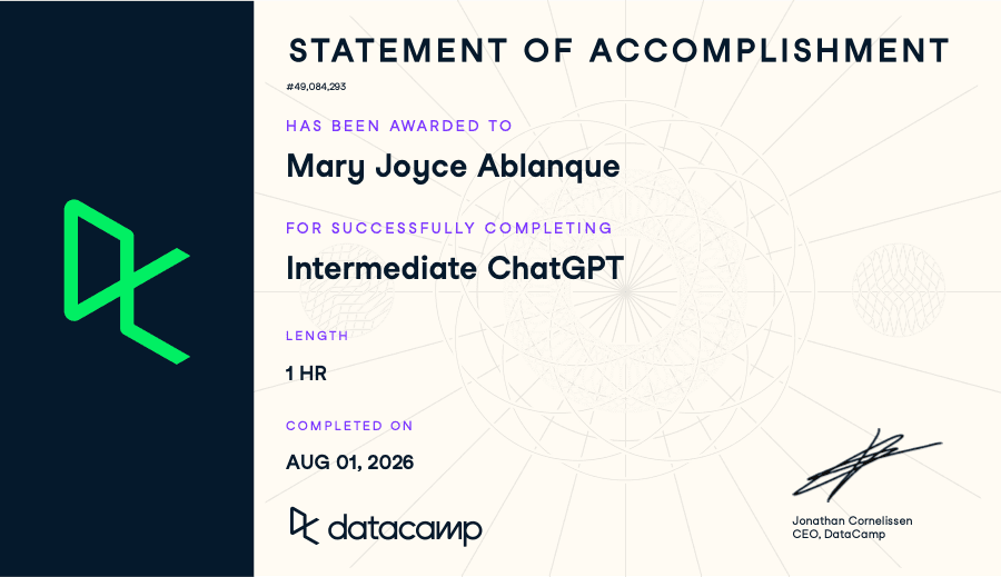 Intermediate ChatGPT certificate issued by DataCamp, 2026