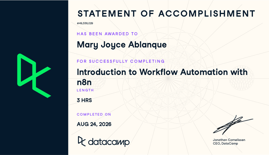 Introduction to Workflow Automation with n8n certificate issued by DataCamp, 2026