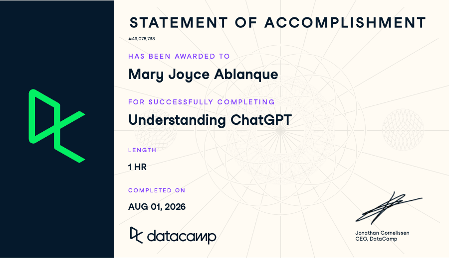 Understanding ChatGPT certificate issued by DataCamp, 2026