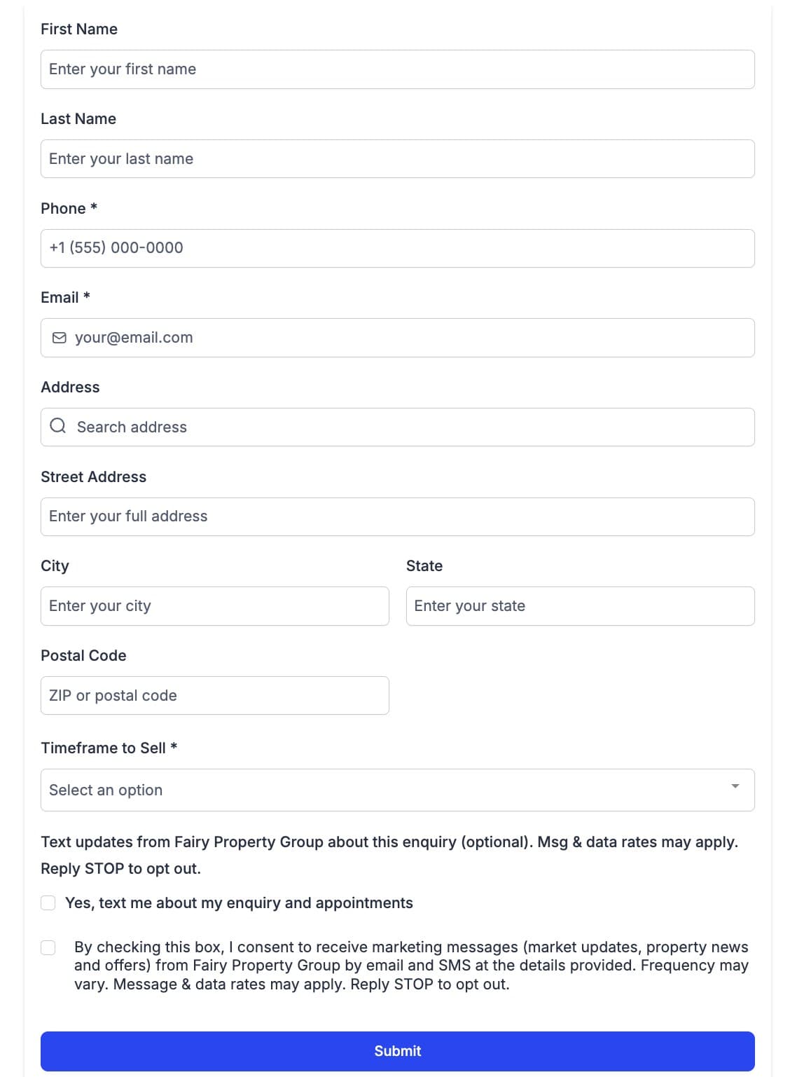Seller Appraisal Form — separate optional SMS consent and marketing consent checkboxes