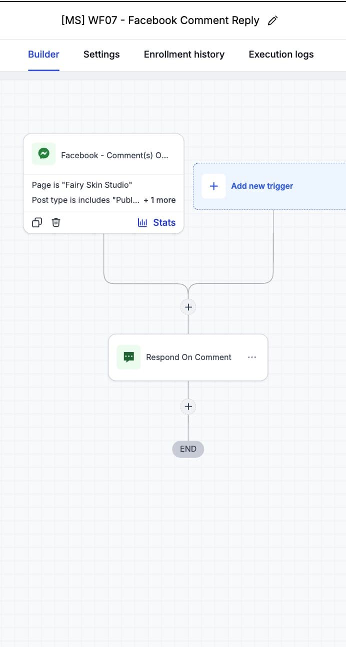 WF07 — Facebook Comment Reply (Fairy Skin Studio page trigger, Respond On Comment)