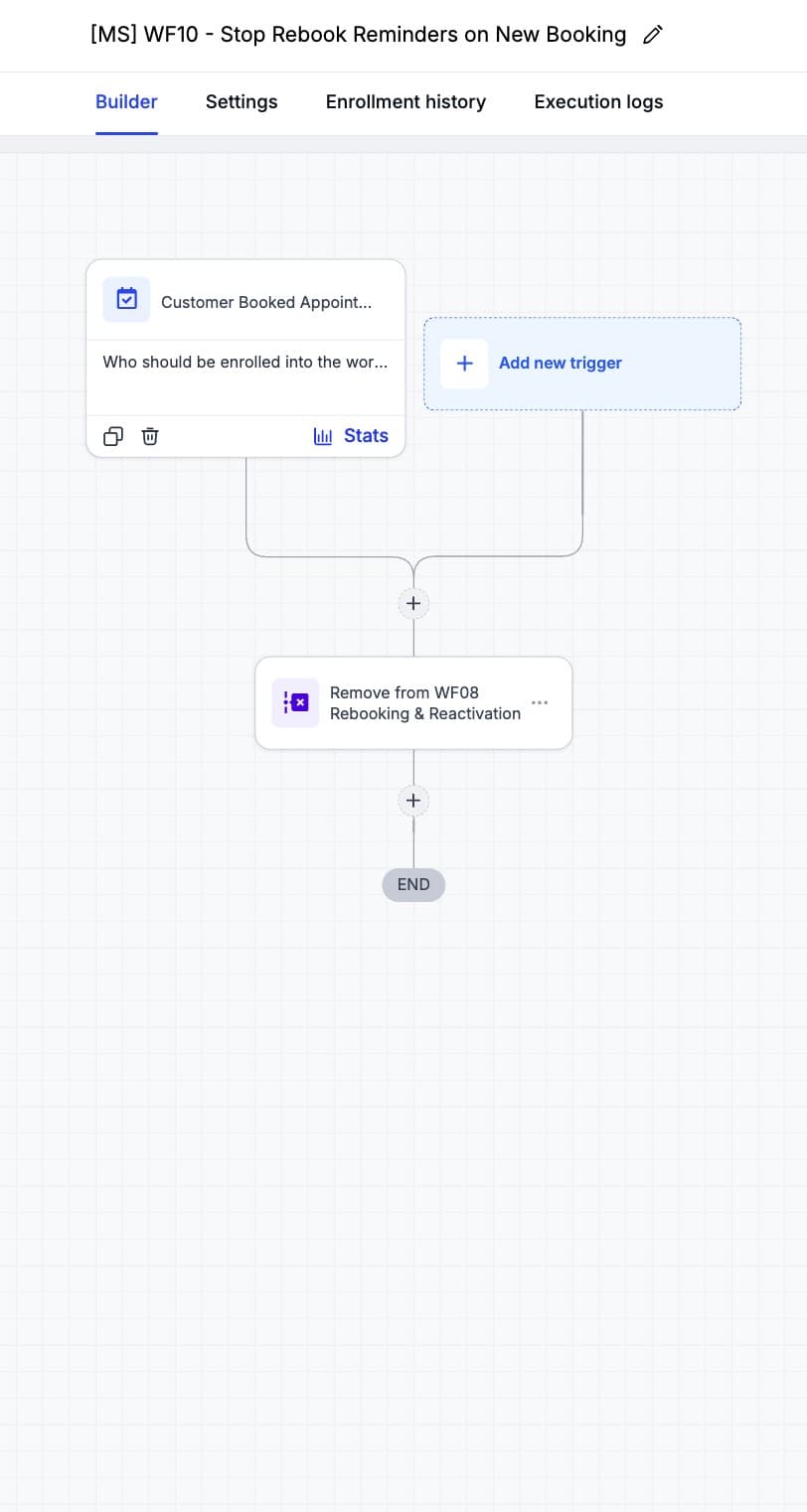 WF10 — Stop Rebook Reminders (an inbound reply or a new booking removes the client from WF08)