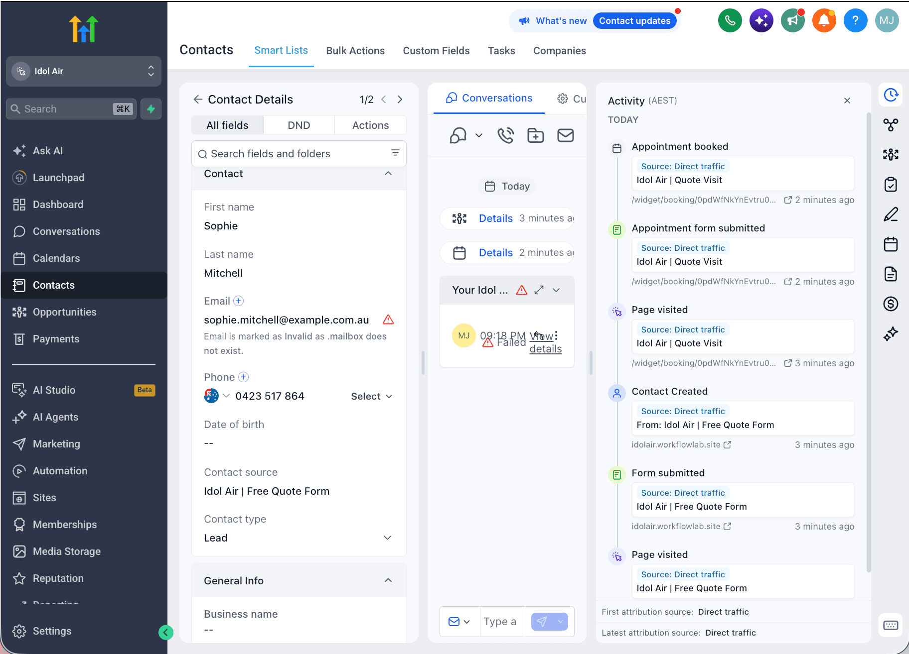 Contact activity timeline — form submission through appointment booking