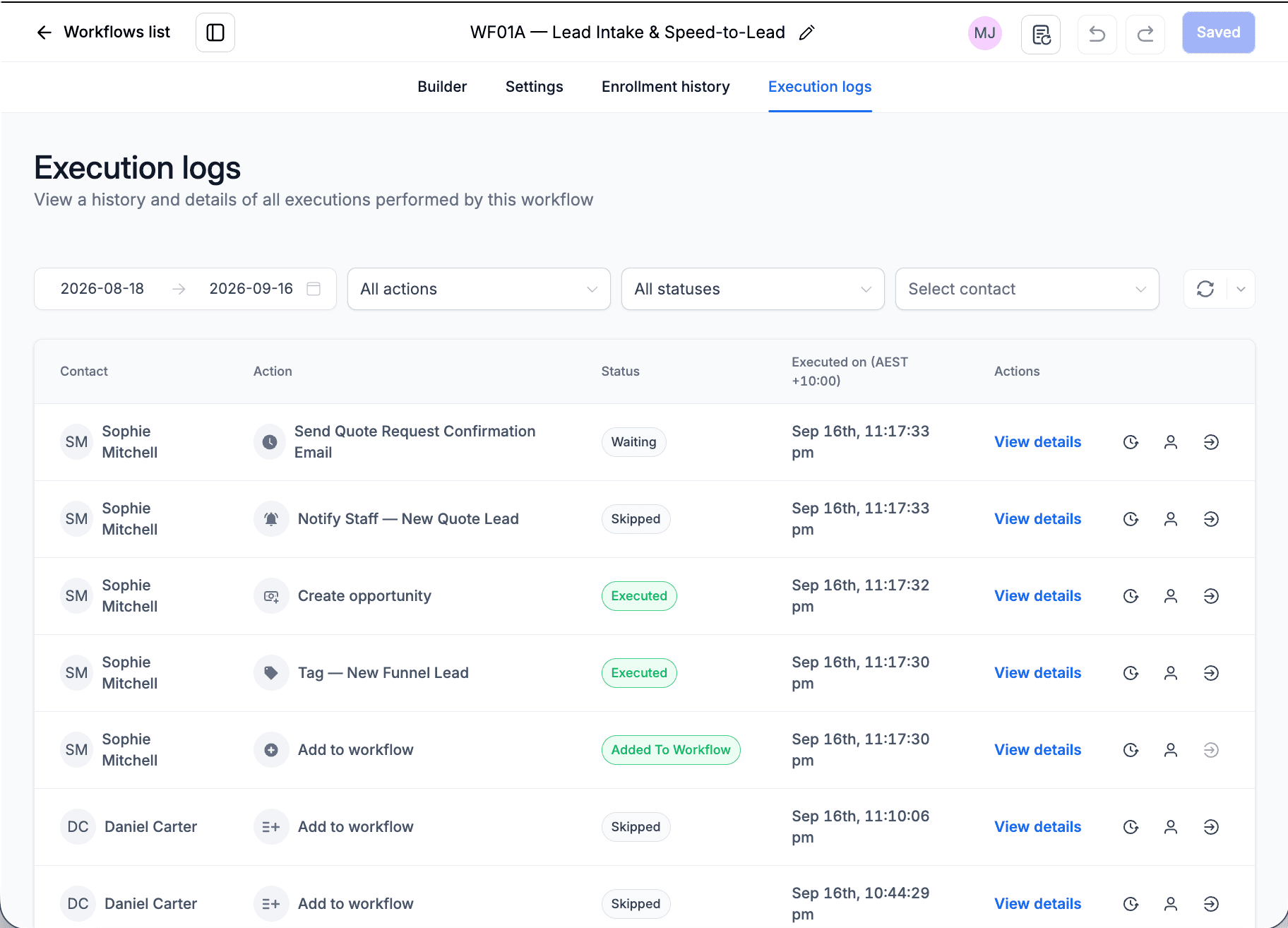 WF01A execution logs — Create Opportunity, Tag, and Confirmation Email steps executed