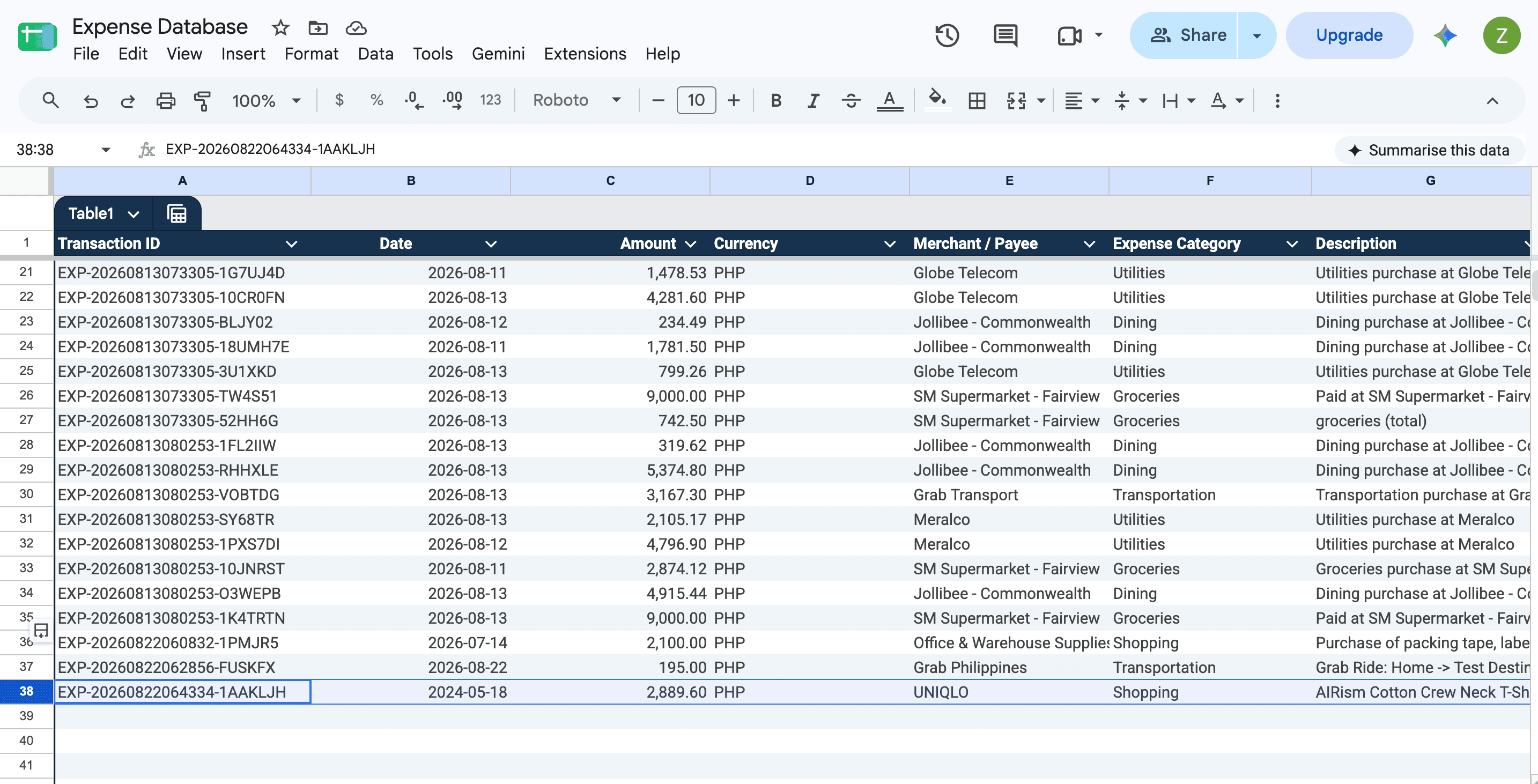 Structured expense records in Google Sheets