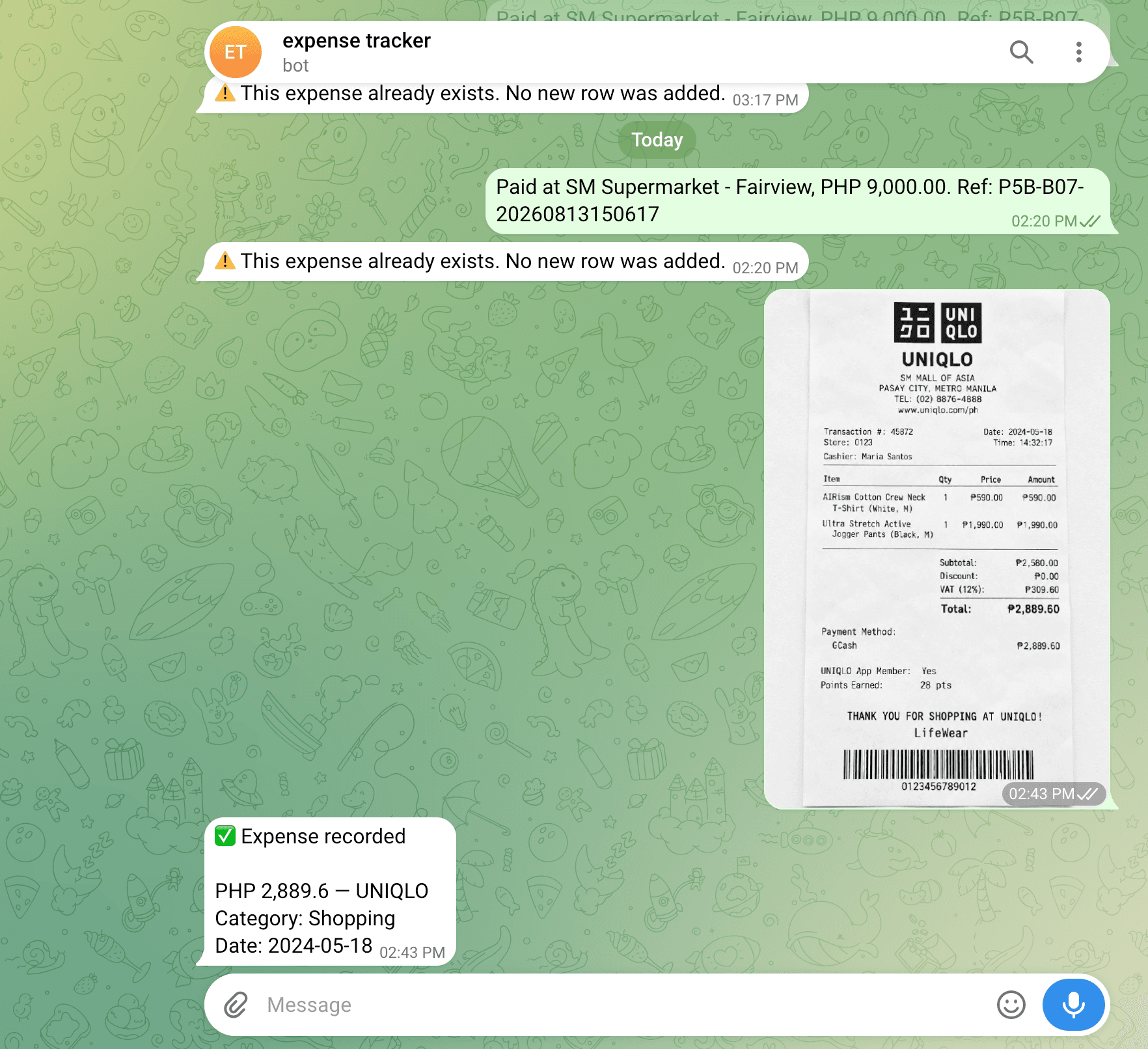 Telegram receipt intake, duplicate warning, and confirmation