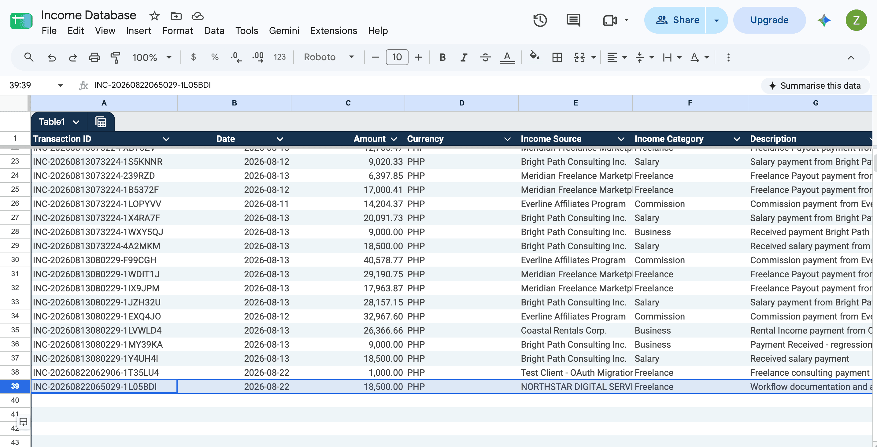 Structured income records in Google Sheets