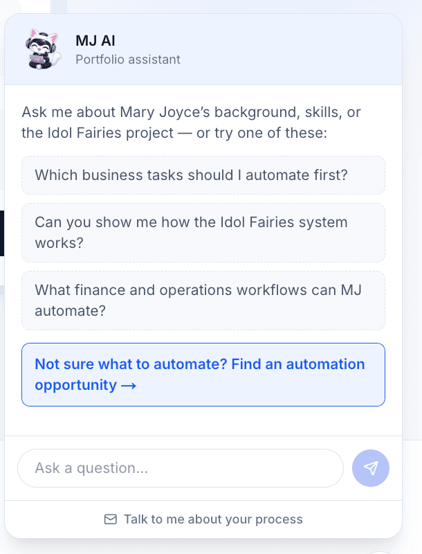 MJ AI portfolio assistant and suggested questions