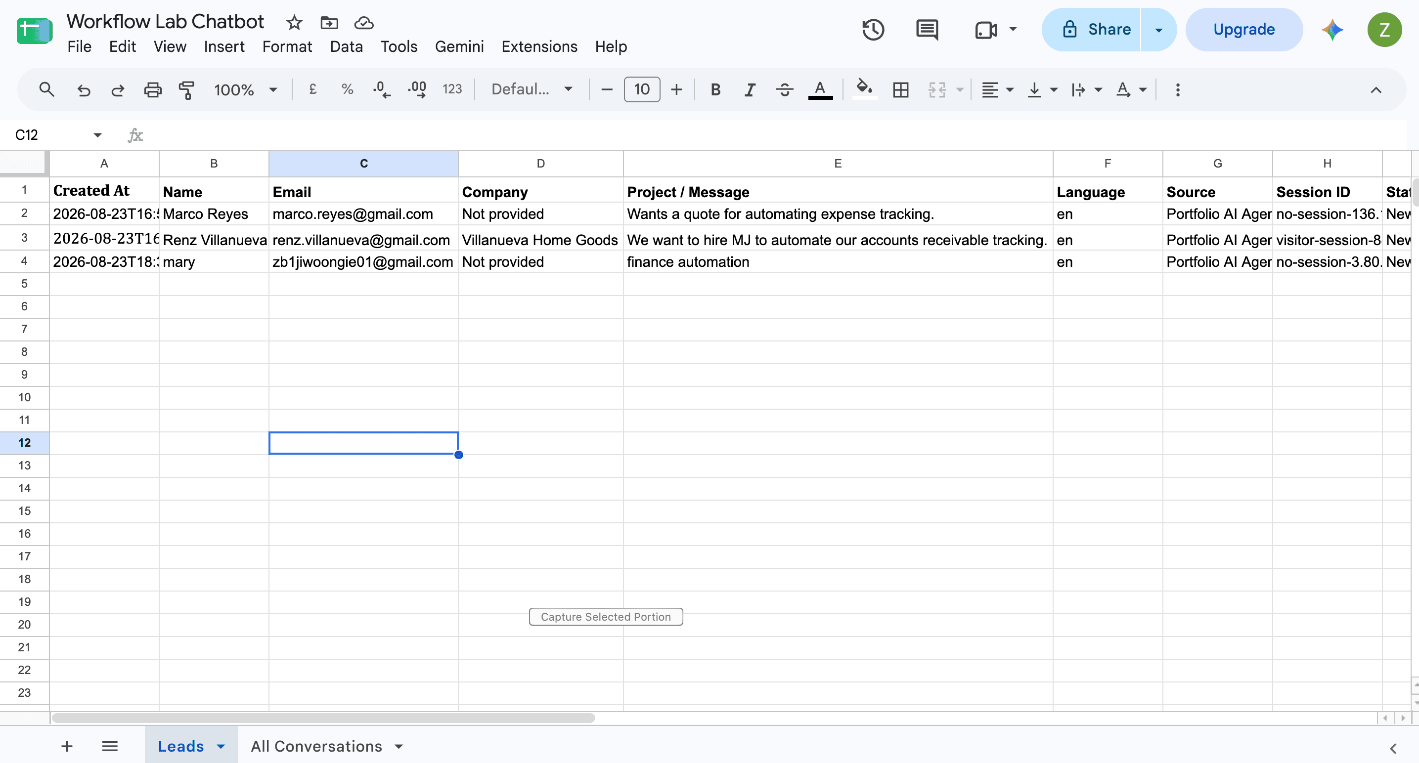 Confirmed inquiries organized in the Leads sheet