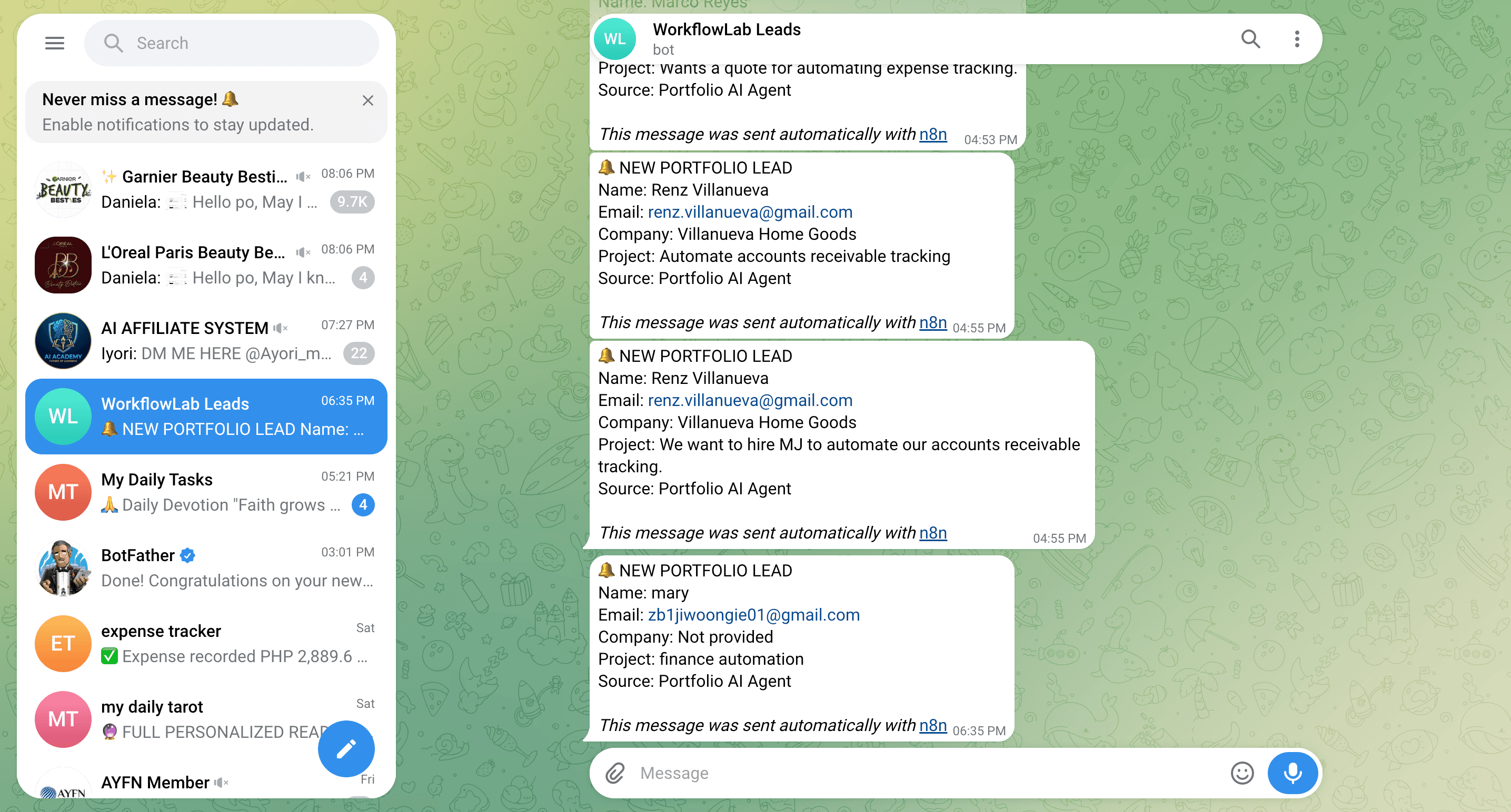 Telegram notifications sent only for saved portfolio leads